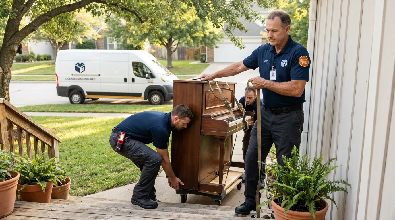 Licensed piano movers securing grand piano in Eutaw, AL