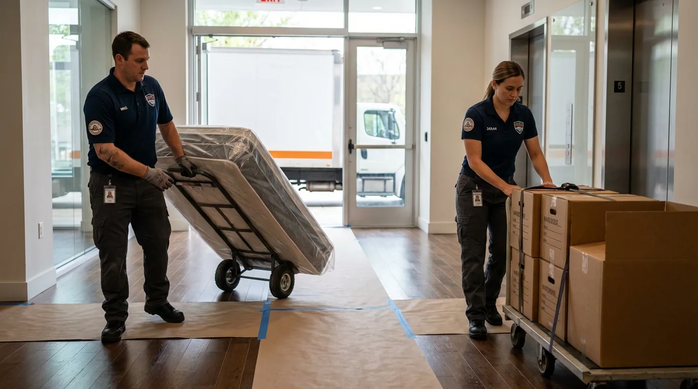Professional apartment movers loading elevator in Eutaw, AL